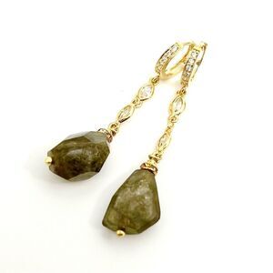 Labradorite gemstone womens earrings on gold huggie hoops